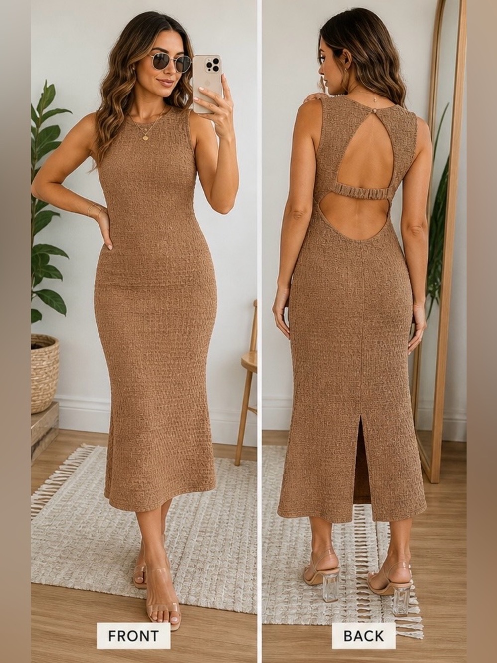 IRIS Open Back Midi Dress Neutral Textured Bodycon Cutout Back Sleeveless Small